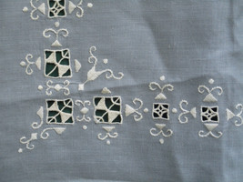 NEW Vintage Linen Gray Tablecloth Napkins 32&quot; Reticello Open Work Embroi... - £33.52 GBP
