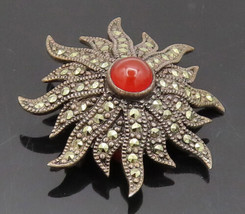 925 Silver - Vintage Carnelian &amp; Marcasite Burning Sun Brooch Pin - BP10416 - £45.66 GBP