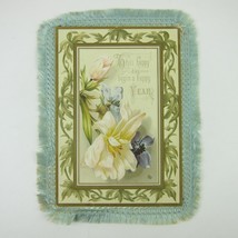 Victorian Card XL New Years Flowers Blue Silk Fringe Double Sided Antiqu... - £32.04 GBP