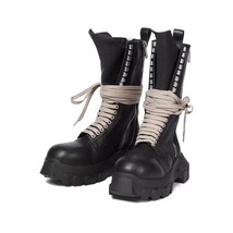 Black Lace-Up Thick-Soled Side Zipper Knight Boots Woman Winter Platform British - £167.11 GBP