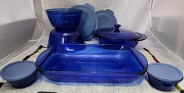Vintage 11 Pc Anchor Hocking Cobalt Blue Glass Baking Dish Casserole Bow... - £197.80 GBP