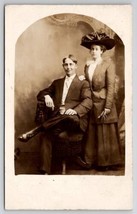 RPPC Attractive Edwardian Couple Woman Large Hat Man Sweet Smile Postcar... - $11.95