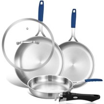 8.5-10-12 Inch Tri-Ply Stainless Steel Frying Pan set of 3 with a Lid, S... - £335.13 GBP