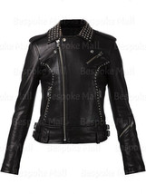 New Women Black Golden Metal Studded Sleeves Punk Cowhide Leather Jacket-190 - £246.66 GBP