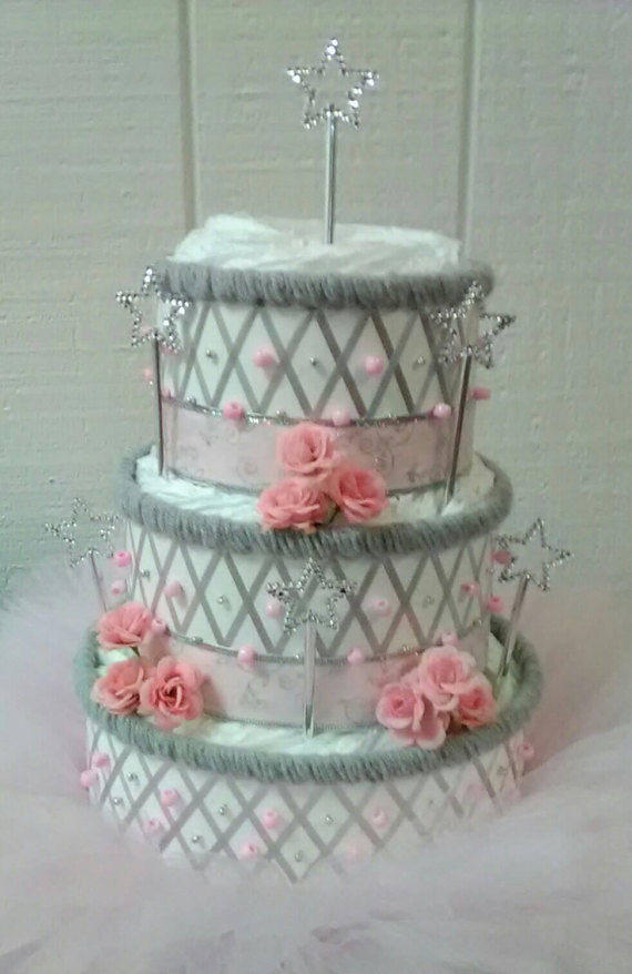 Light Pink and Silver Princess Theme Baby Girl Shower Ballerina Tutu Diaper Cake