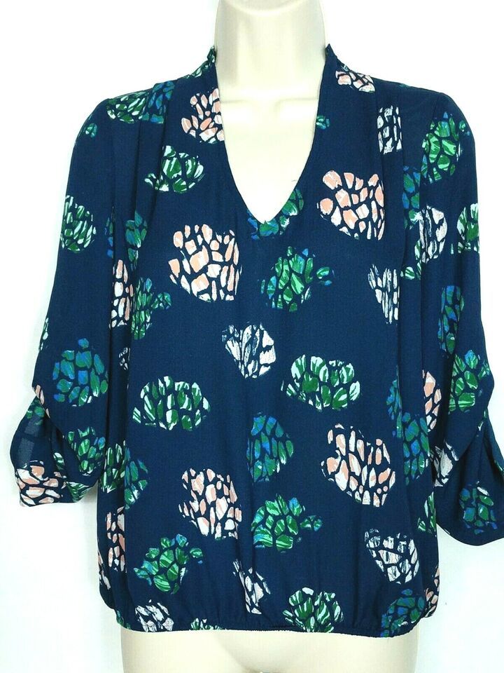 NWT Dragonfly Womens Floral Blouse Top Size XS Blue Plunge Neck Long Sleeve - $17.33