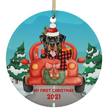 Funny Rottweiler Dog Ride Car My First Christmas 2021 Pet Lover Circle Ornament - £15.65 GBP