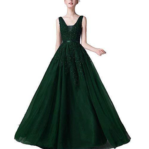 Kivary V Neck Beaded Long Prom Dress Formal Tulle Evening Gown Emerald Green US