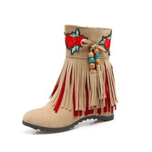 Woman Wedges Ankle boots Ethnic Round toe Fringe Beads Zipper Flock Autumn winte - £46.59 GBP