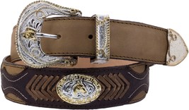 Honey Brown Concho Genuine Leather Overlay Western Cowboy Belt Dress Buckle - £32.47 GBP