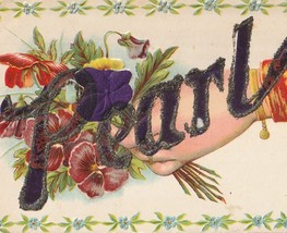 PEARL Large Letter Name, Pansies, Silk Fabric &amp; Glitter Antique Novelty Postcard - £5.98 GBP