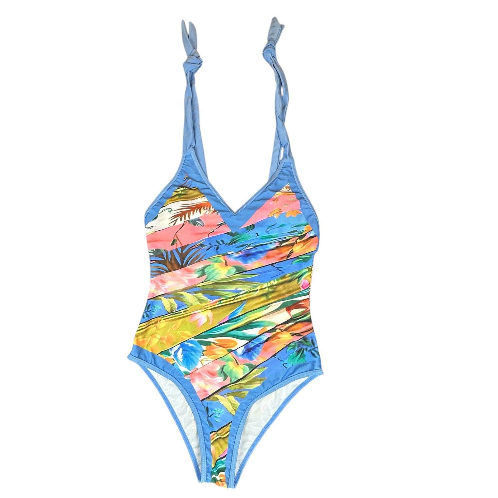 Unbranded Swimsuit Womens Medium Colorful Tropical Print One Piece Pleated - £14.99 GBP