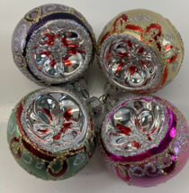 Vintage Lot 4 Commodore Mfg Indent Glitter Ornate Glass Ball Ornaments - £23.38 GBP