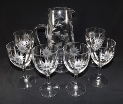 Vintage Hand Blown &amp; Etched Tall Pitcher &amp; 6 Goblets Clear Glass Floral ... - £29.77 GBP