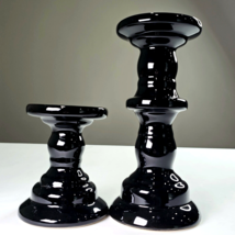 Modern Ceramic Gloss Black Round Pillar Candle Holders Décor 9 &amp; 5&quot; Tall 4&quot; Wide - £16.02 GBP