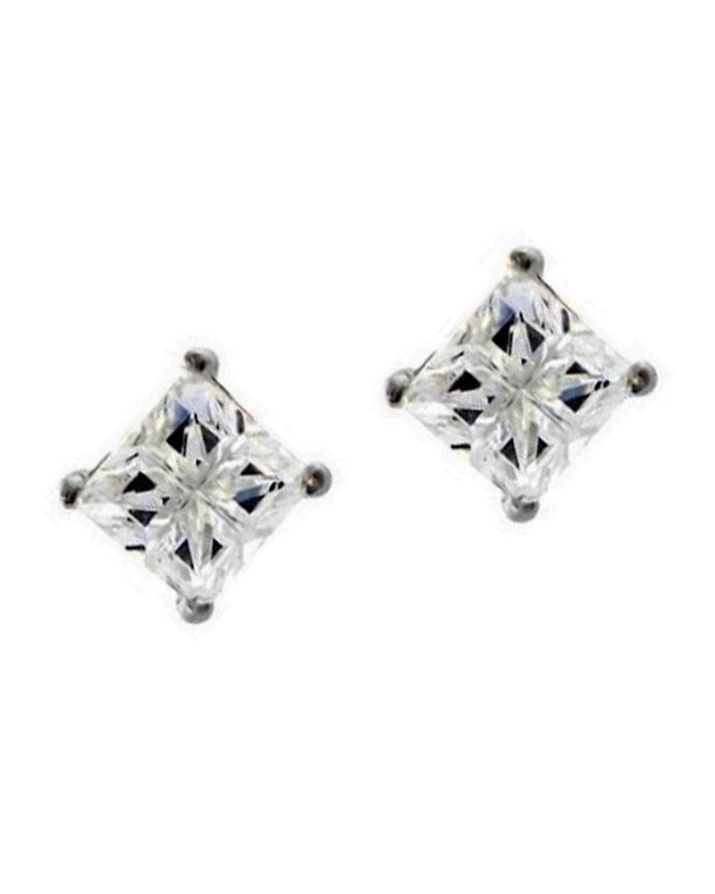 Square Princess Invisible Cut CZ Stone Sterling Silver Basket Men Stud E... - $12.34+