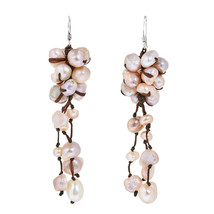 Nature Inspired Hanging Cluster of Pink Pearls &amp; Rope Dangle Earrings - £12.62 GBP