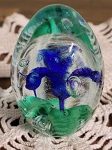 art glass Egg-shaped royal blue Green Flower Glass Paperweight signed Brody 97 - £18.79 GBP