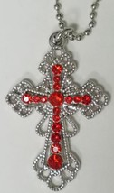Cross Pendant Necklace Silver Chain Red Stones Vampire Goth Costume 13&quot;  NEC404 - £7.90 GBP