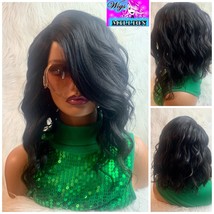 Heather&quot; Black Synthetic Bob, 4.5 Deep Lace Part Wig, wavy wig, side bangs, Heat - £57.40 GBP