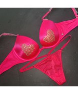 Victoria's Secret PINK 34C BRA SET O/S Thong HEART SHINE STRAP FASHION SHOW PINK - $89.09