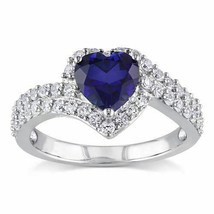 0.70 Ct Heart Cut Blue Sapphire Wedding Engagement Ring 14k White Gold Finish - £71.13 GBP