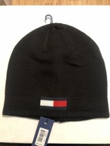 Tommy Hilfiger Men&#39;s Beanie Hat ONE SIZE Black With Logo  100% Acrylic - £26.14 GBP