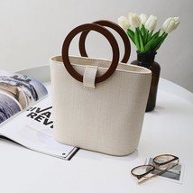 Straw Woven Women Bag 2022 New Large Capacity Drawstring Bucket Wood Handbag Lei - £32.42 GBP