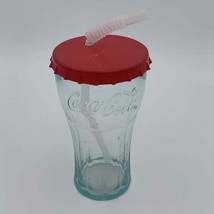 Coca Cola Cup Glass with Bottle Cap Lid Straw Clear Red Plastic - £6.98 GBP