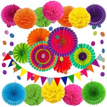 Party Decoration, 21 Pcs Multi-Color Hanging Paper Fans, Pom Poms Flowers, Garla - £20.83 GBP