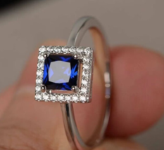 Lab Created Blue Sapphire Wedding Ring, Square Shape Vintage  Luxury Jewelry - £40.70 GBP