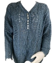 Crochet Sweater Womens M Indigo Blue Cotton Blend J&amp;M Varon Vintage Hand... - $27.82