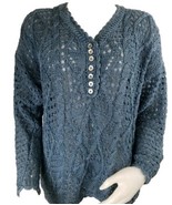 Crochet Sweater Womens M Indigo Blue Cotton Blend J&amp;M Varon Vintage Hand... - $38.04 CAD
