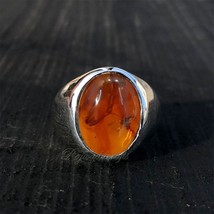 Oval Amber Ring 925 Sterling Silver Minimalist Ring Prayer Box Natural Orange - £43.82 GBP