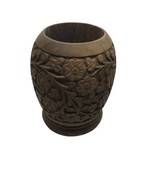 Vintage Carved Wood Vase Flowers Brown retro mod pencil cup storage Indi... - £11.65 GBP