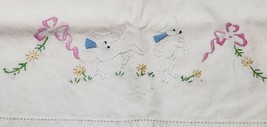 1940&#39;s 50&#39;s Child&#39;s Size Small Dancing Lambs Embroidered Lace Edged Pillowcase - £9.36 GBP