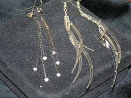 Estate Lot of 2 Long of Thin Silvertone Crescents on Chain with Clear Rhinestone - £8.67 GBP