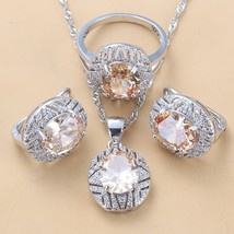 Silver Color Big Jewelry Sets For Women Oval Champagne CZ Clip Earrings Necklace - £17.91 GBP