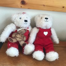 Very Cute Pair of Hallmark White Plush Teddy Bears in Red Heart Overalls Stuffed - £11.71 GBP