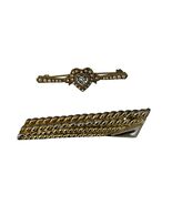 Vintage Heart Brooch Pearl Rhinestone Gold Tone + Two Tone Textured Bar ... - $28.80