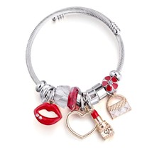 Charm Women Bracelet Silver Color Chain Red Lips Big Heart Crystal Bead Female C - £10.86 GBP