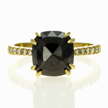 Black Cushion Cut Diamond Engagement Ring With Accents 14K Yellow Gold 3.68 TCW - £2,328.38 GBP