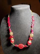 Hand Beaded 20-in Red Heart Gold Accents Necklace - £18.67 GBP
