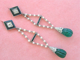 Antique Deco 1ctw Diamond 7ctw Emerald Drop Onyx Pearl Cocktail Earrings 1930 - £4,947.43 GBP