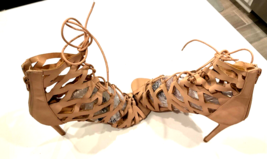 Charlotte Russe Nude Leather High Heel Sandals with Cutout Lace Size 9 - £20.09 GBP