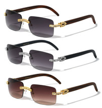 Slim Rimless Rhinestone Faux Wood Square Sunglasses Buffs Retro Designer Fashion - £7.77 GBP