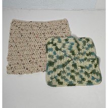 Handmade Square Crochet Washcloth Dish Washing Scrubbies Knit Green Beige - £10.30 GBP