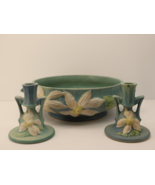 Roseville Pottery Blue Clematis Candlestick Holder &amp; Console Bowl - $69.59