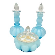 Vintage Blue Satin Glass Vanity Set With Perfume Bottles &amp; Powder Jar - £58.55 GBP