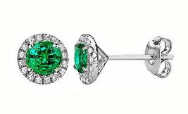 8.5 MM Emerald Gemstone Stud Halo Round Sterling Silver Earrings Push Back - £22.18 GBP